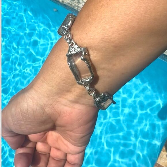 Vintage Anchor Hocking Lead Crystal Glass Bracelet w Artisan Silver Blend Bezels - Picture 9 of 16